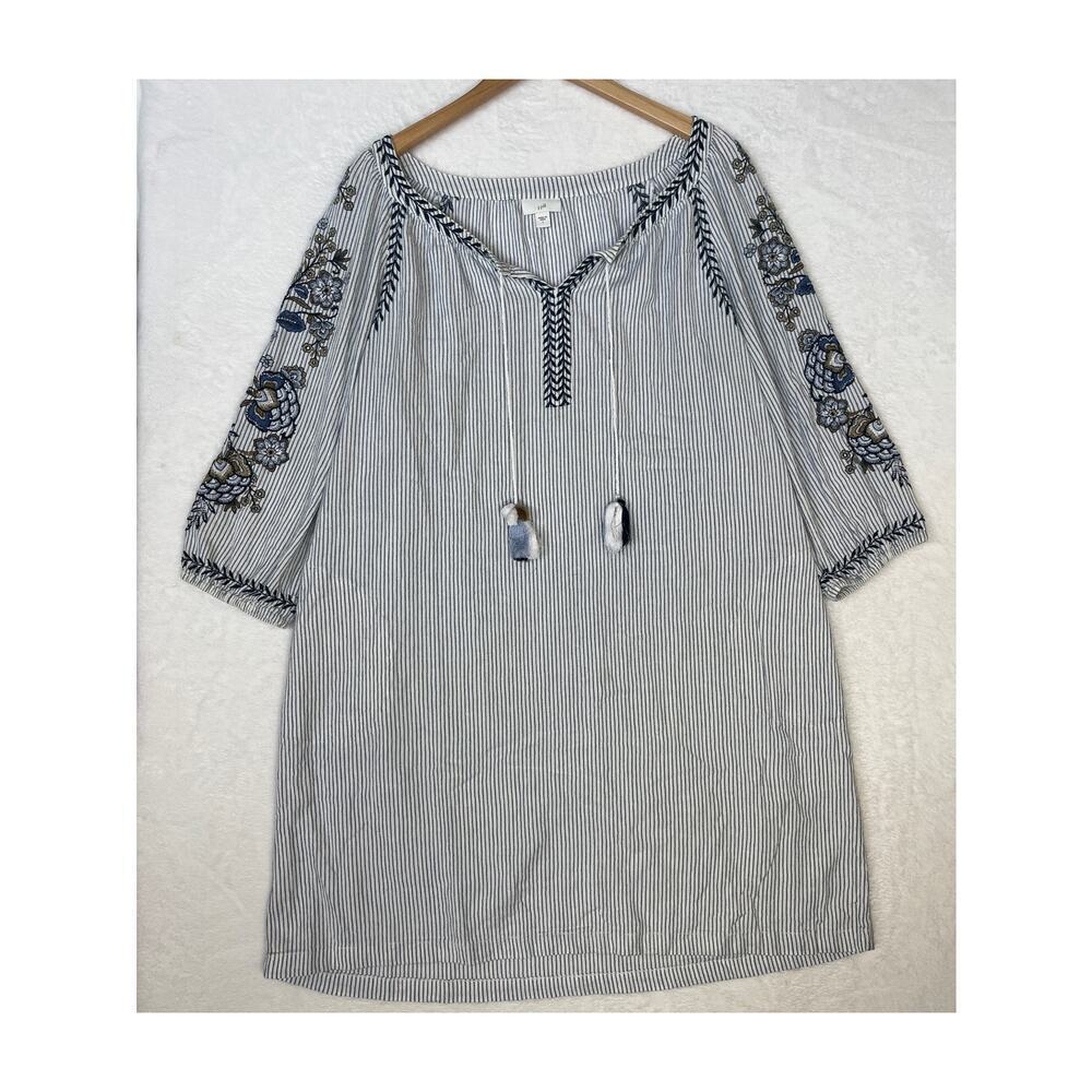 J. Jill Embroidered Pinstripe Tunic Dress sz L Coastal Coverup Vacation Bohemian
